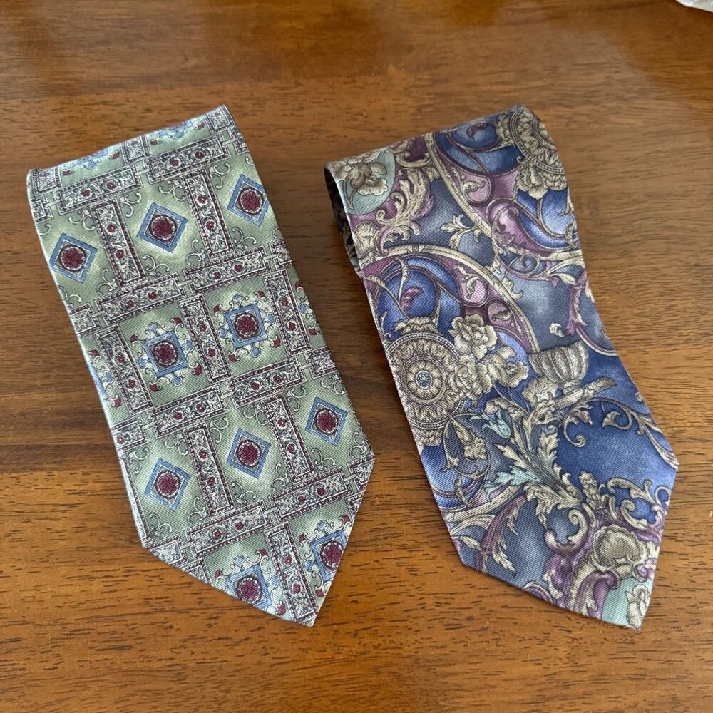 Lot Of 2 Vintage Etienne Aigner All Silk Neckties Floral Geometric Patterns USA